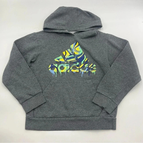 ADIDAS Youth M (10-12) Heather Gray Hoodie Sweatshirt Paint‎ Logo Pullover - Picture 1 of 4